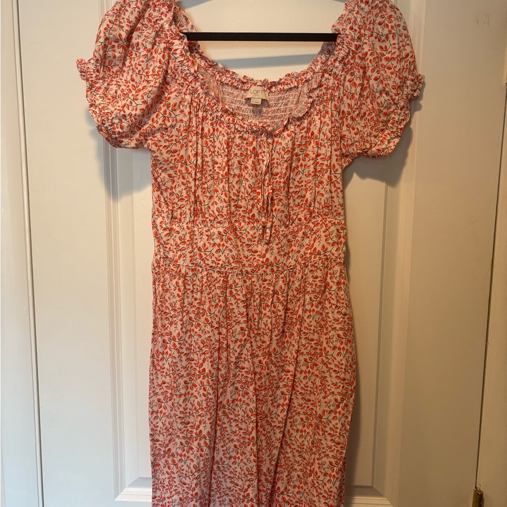LOFT White Dress with Red Floral Print Midi